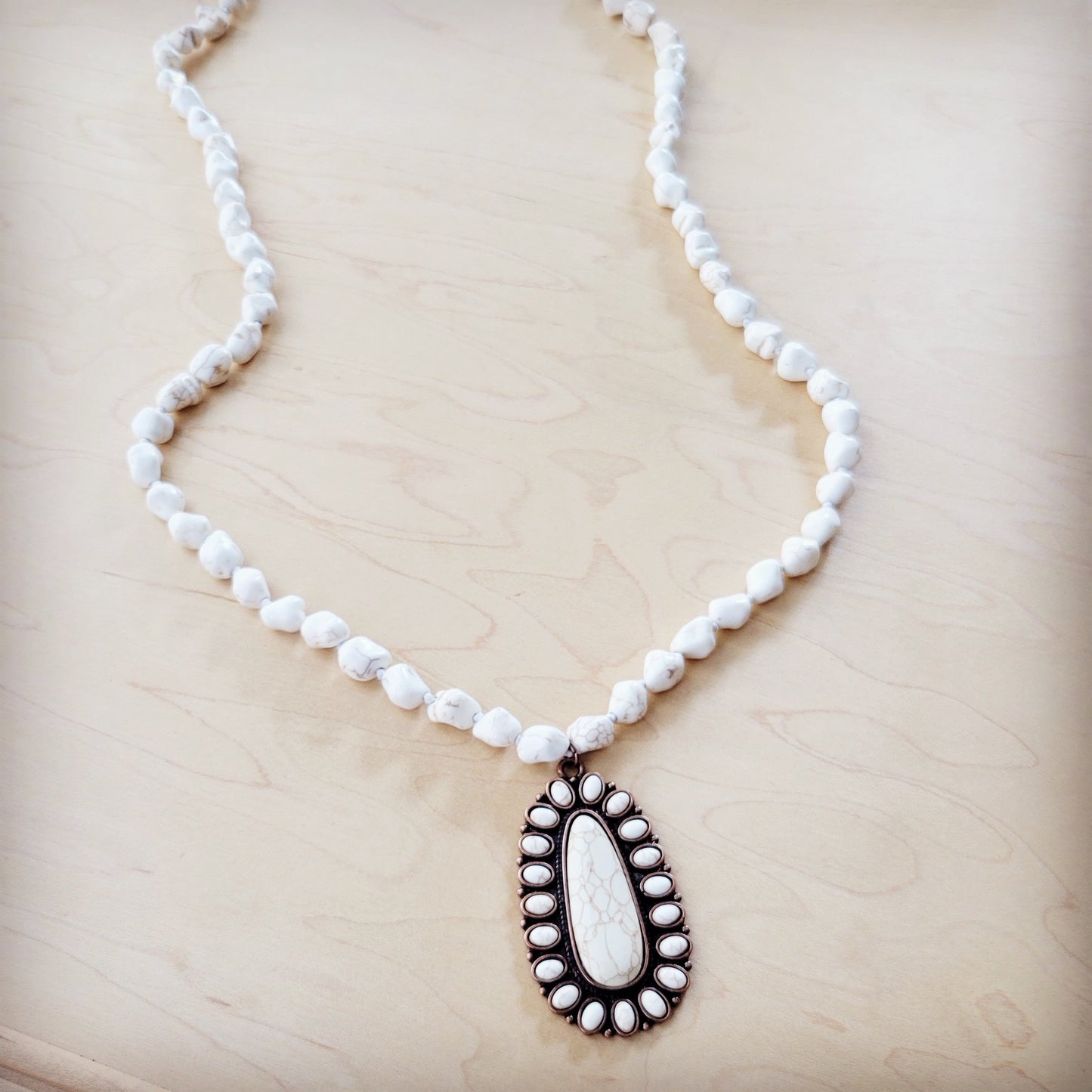 **Long Turquoise Beaded Necklace w/ Squash Blossom Pendant White 261ww