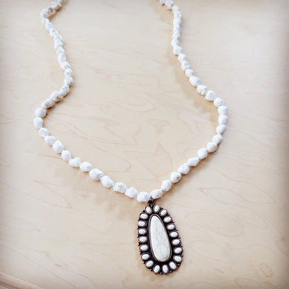 **Long Turquoise Beaded Necklace w/ Squash Blossom Pendant White 261ww