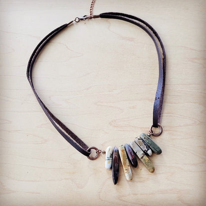 Picasso Jasper Stone Collar Necklace w/ Genuine Leather Cord 261f