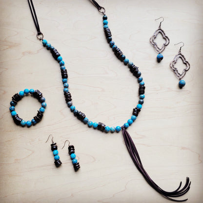 **Ocean Agate Necklace with Wood Beads and Leather Tassel 260b