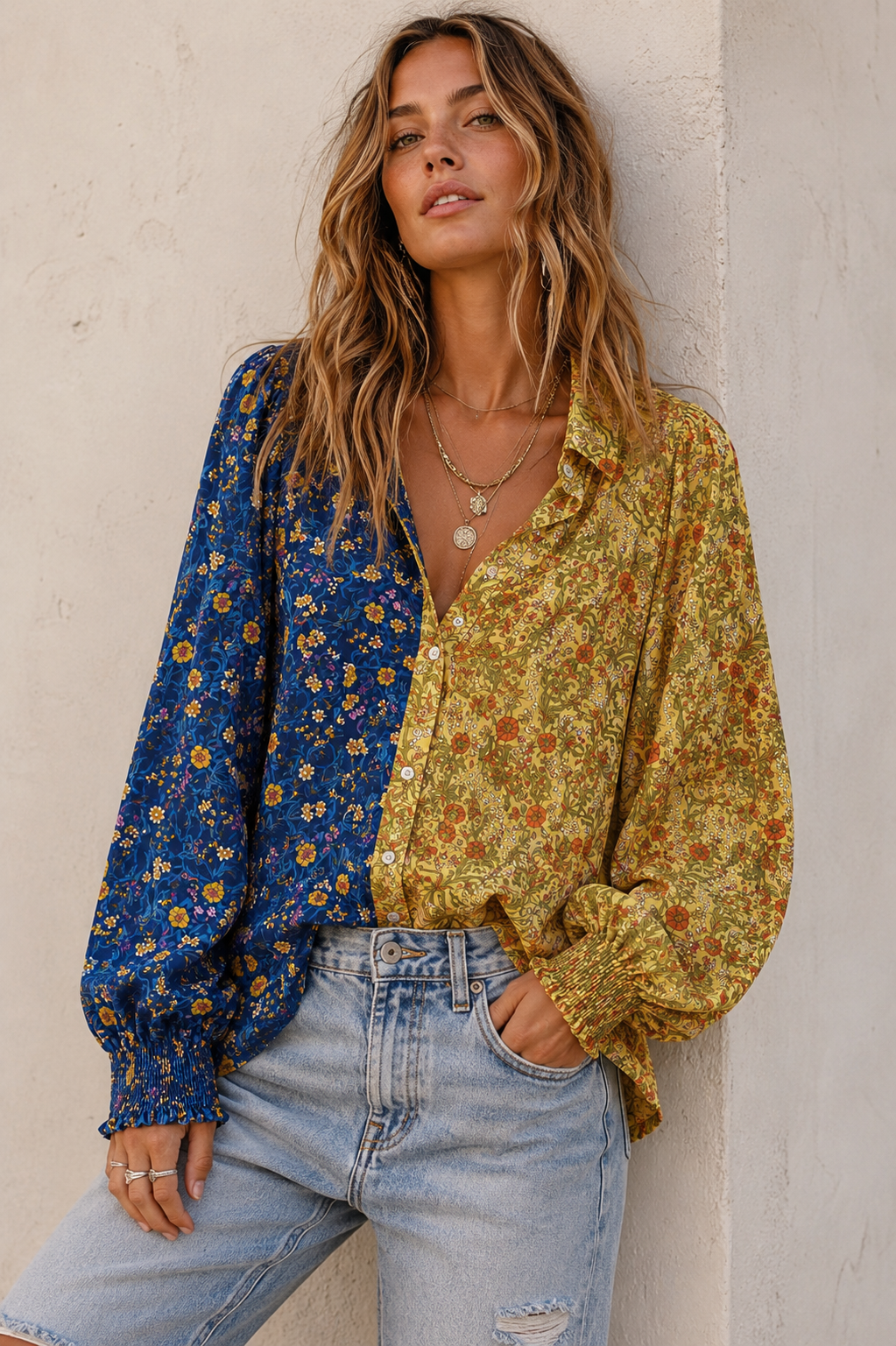 Secret Garden Contrasting Print Button Up Blouse