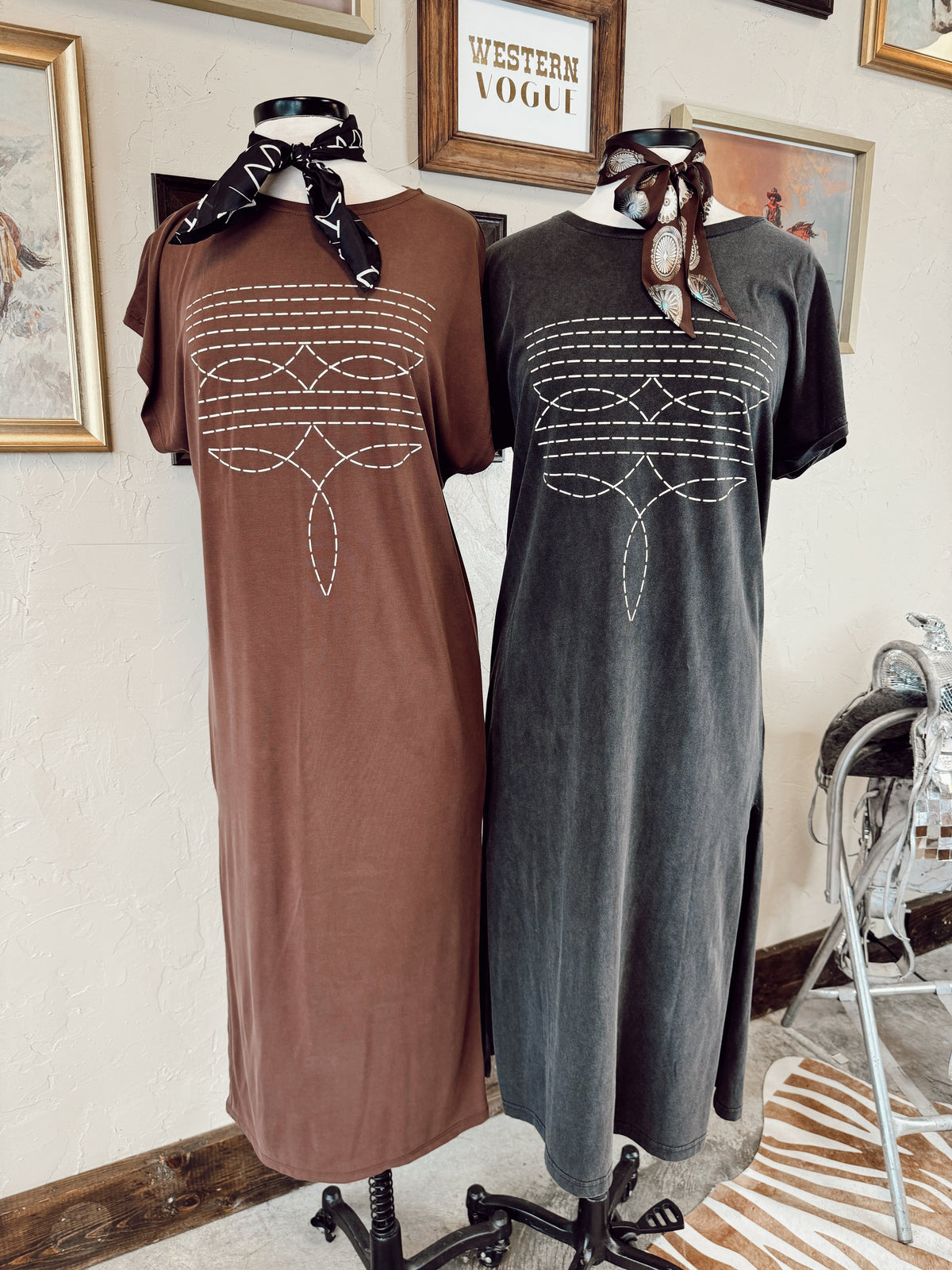 The Western Boot Stitch T-Shirt Dress in Brown