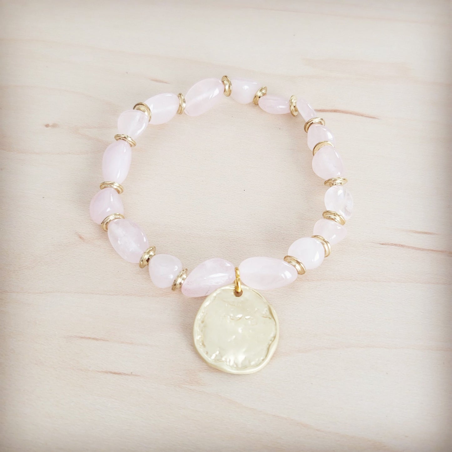 Rose Quartz Beaded Stretch Bracelet w/ Gold Coin Charm 811u