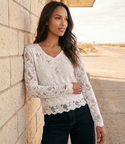 Petite Size Long Sleeve Floral Burnout V-Neck Top