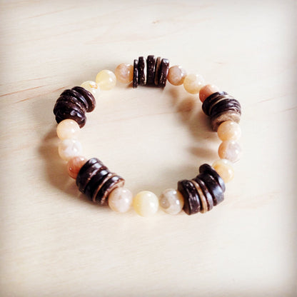 Natural Agate and Wood Beaded Stretch Bracelet 811n