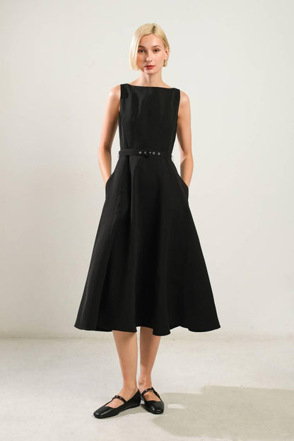 LIVING THE DREAM BLACK WOVEN MIDI DRESS
