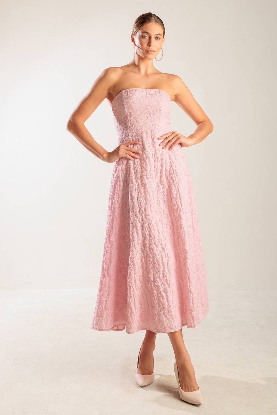 ROLL WITH IT PINK WOVEN MIDI DRESS