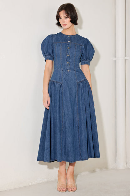 MIDDAY IN BLUE DENIM MIDI DRESS