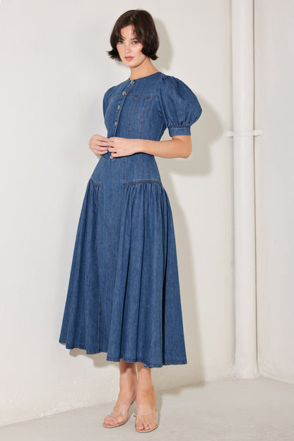 MIDDAY IN BLUE DENIM MIDI DRESS