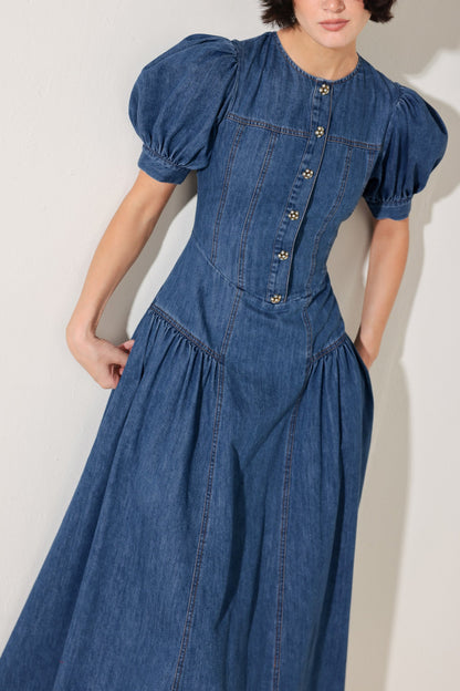 MIDDAY IN BLUE DENIM MIDI DRESS