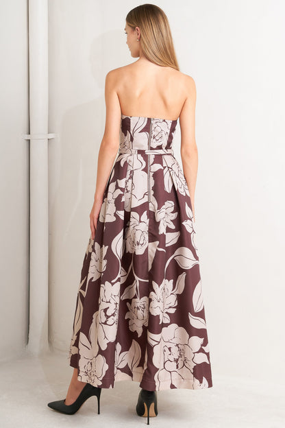 VINTAGE BLOOM STRAPLESS WOVEN MIDI DRESS