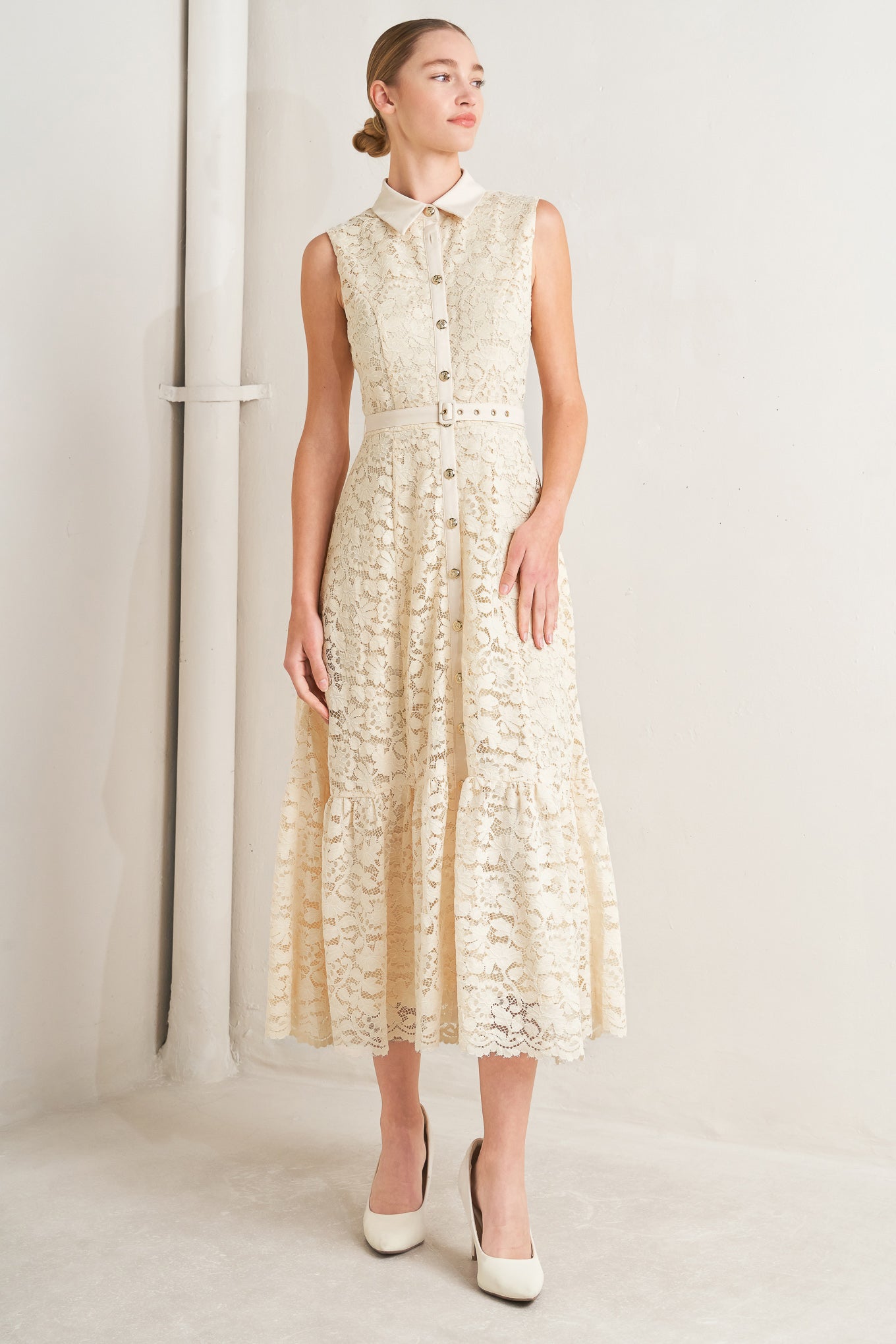 PURELY ROMANTIC WOVEN LACE MIDI DRESS