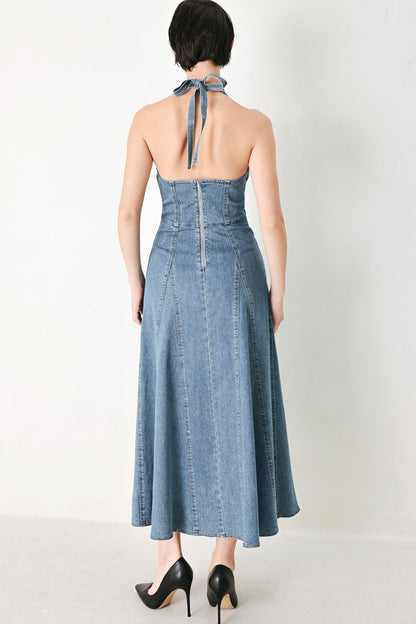 BLUE BLOSSOM DENIM MIDI DRESS