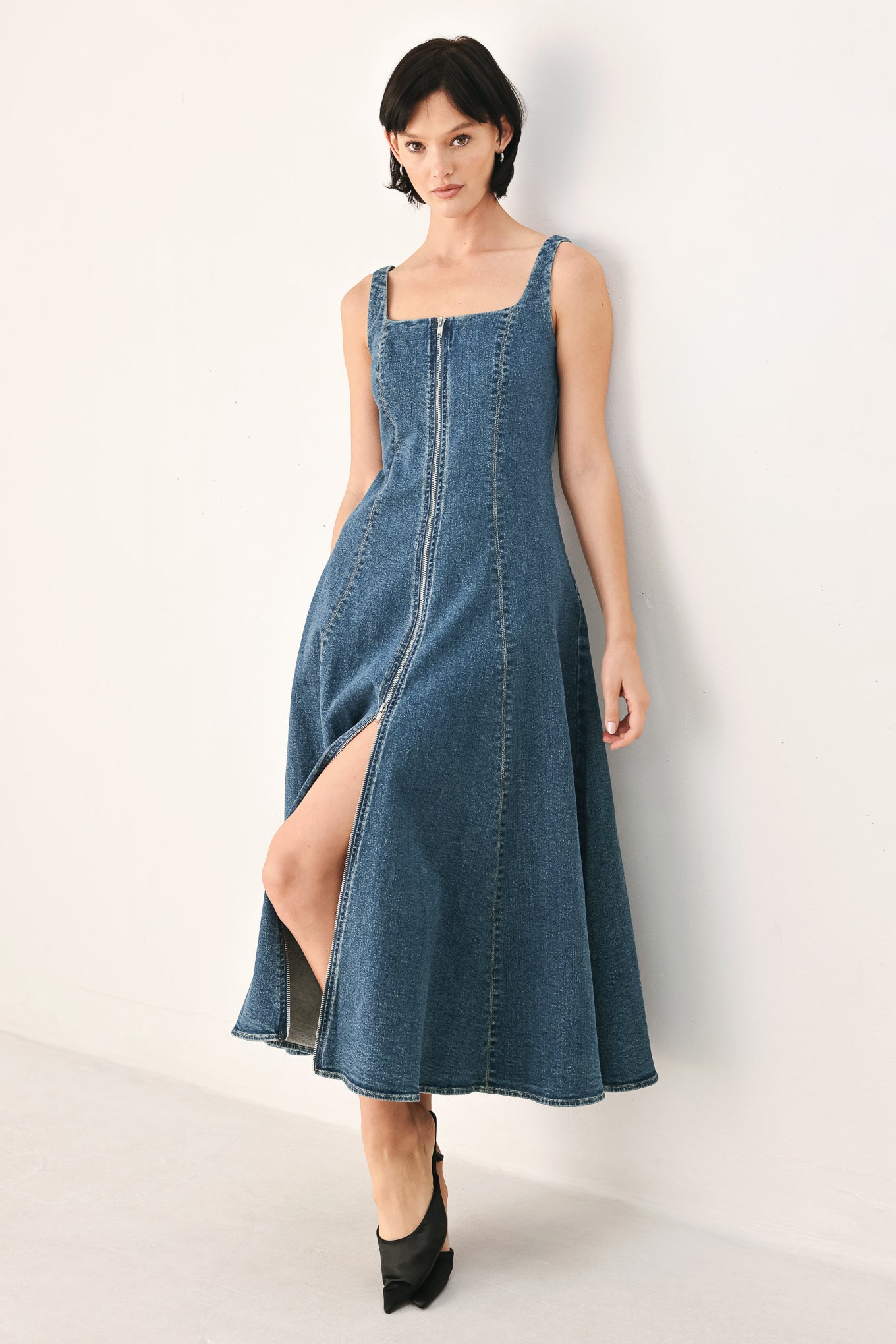 BLUE HORIZON ZIP FRONT DENIM MIDI DRESS