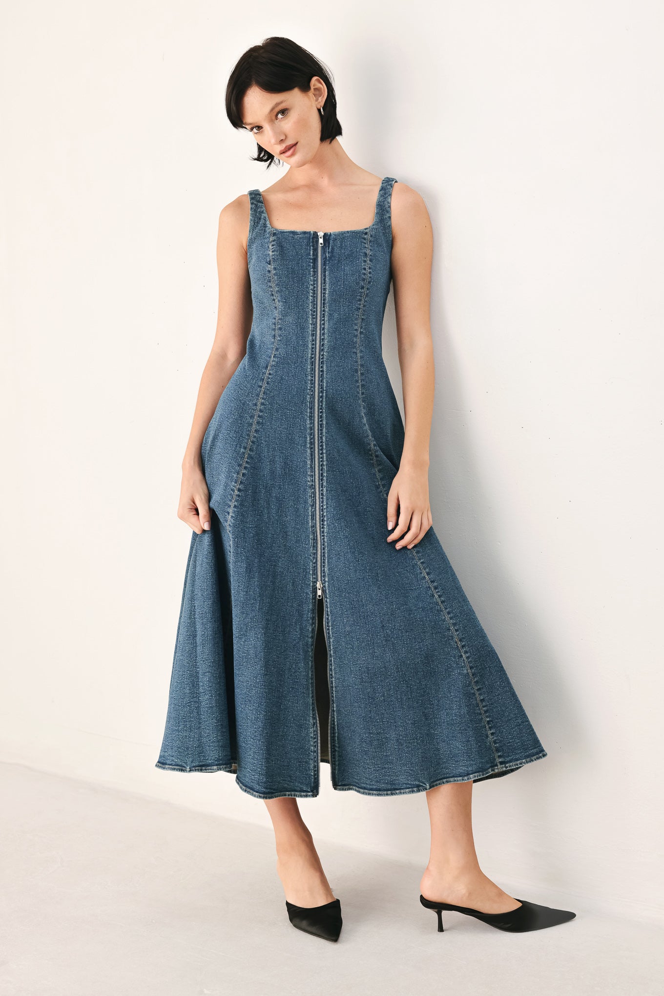 BLUE HORIZON ZIP FRONT DENIM MIDI DRESS