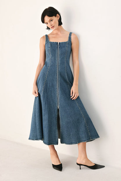 BLUE HORIZON ZIP FRONT DENIM MIDI DRESS