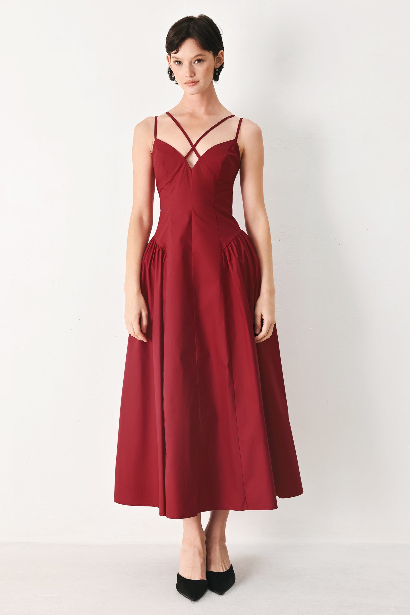 MIDNIGHT MERLOT WOVEN MIDI DRESS