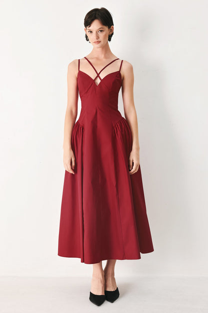 MIDNIGHT MERLOT WOVEN MIDI DRESS