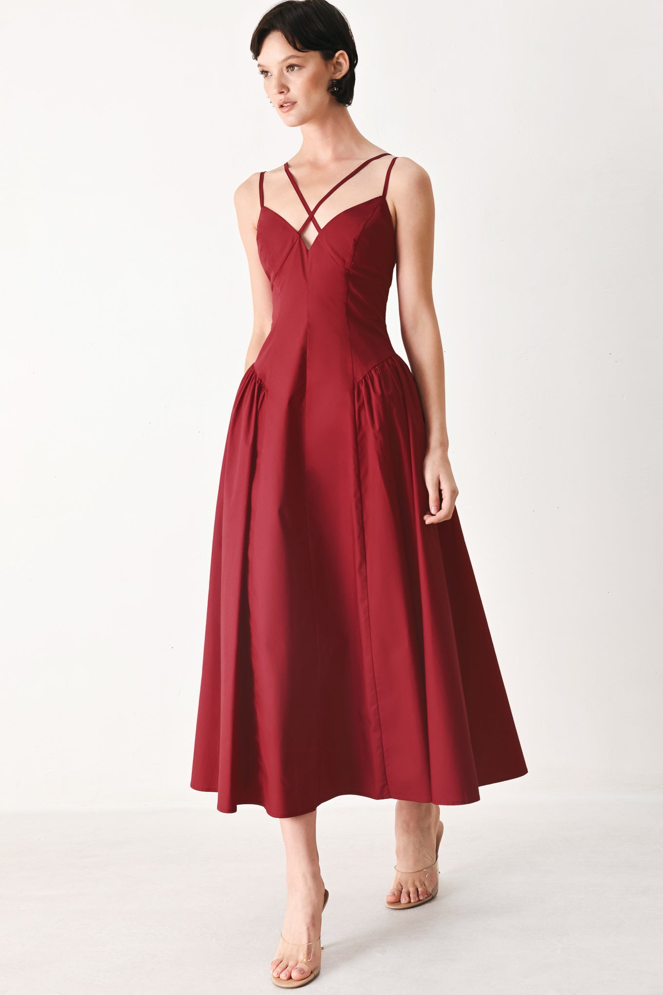 MIDNIGHT MERLOT WOVEN MIDI DRESS