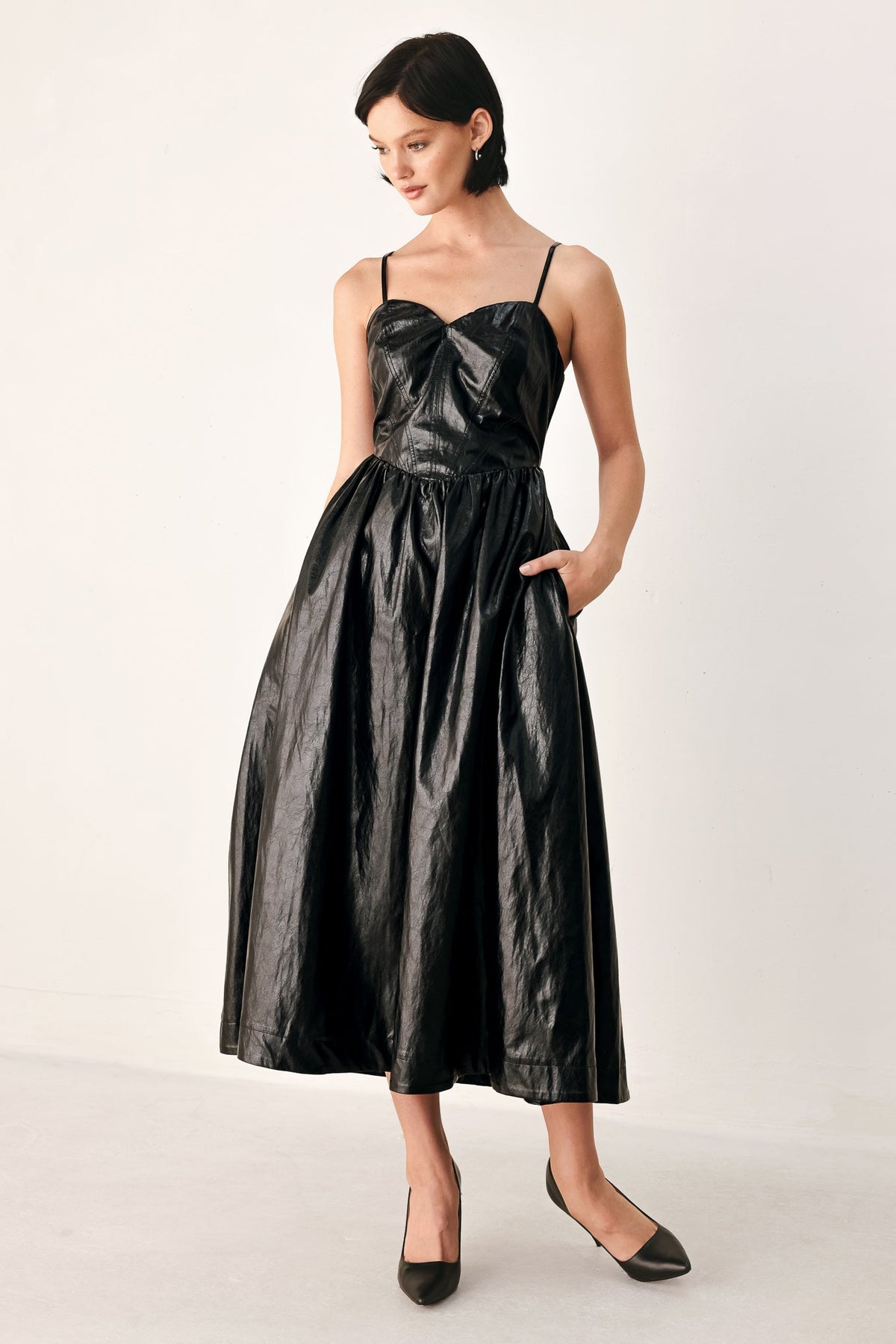 DRESSED TO THRILL FAUX LEATHER MIDI DRESS