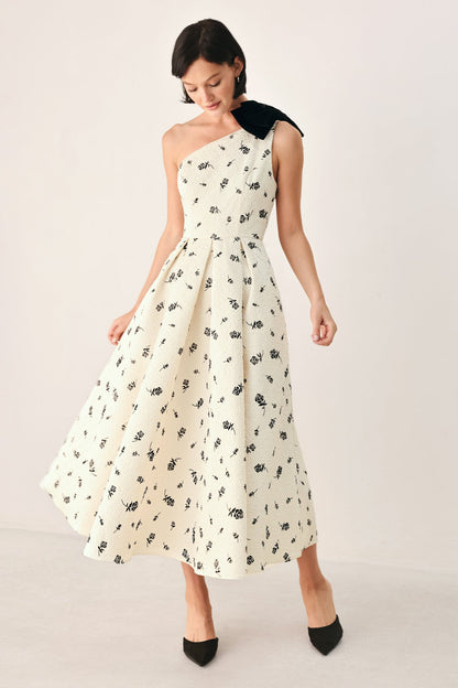 PERFECTLY POISED ONE SHOULDER BOW MIDI DRESS