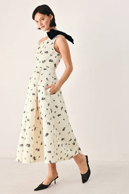 PERFECTLY POISED ONE SHOULDER BOW MIDI DRESS