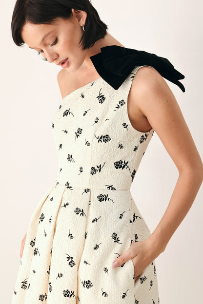 PERFECTLY POISED ONE SHOULDER BOW MIDI DRESS