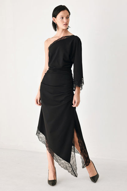 AFTER HOURS LACE TRIM ASYMMETRIC MIDI DRESS