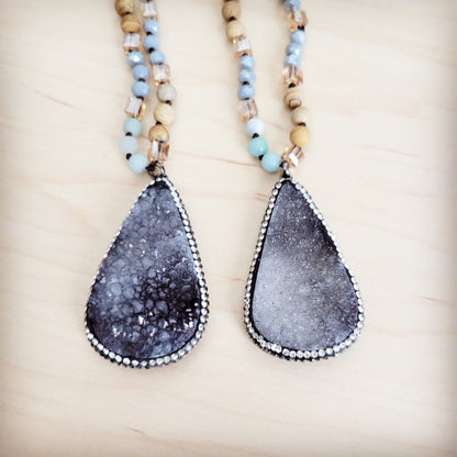 Amazonite & Crystal Long Beaded Necklace w/ Druzy Pendant 262u