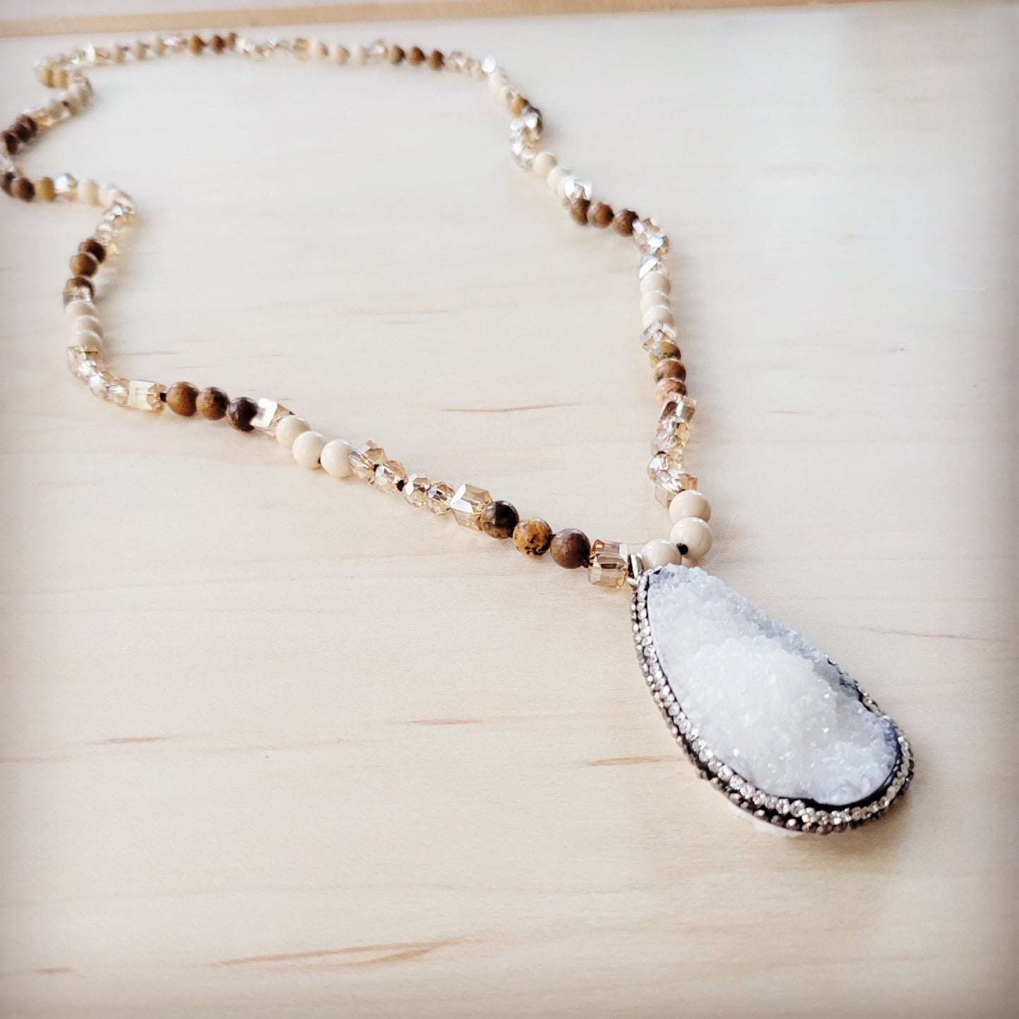 Picture Jasper Beaded Necklace w/ Druzy Pendant 262v