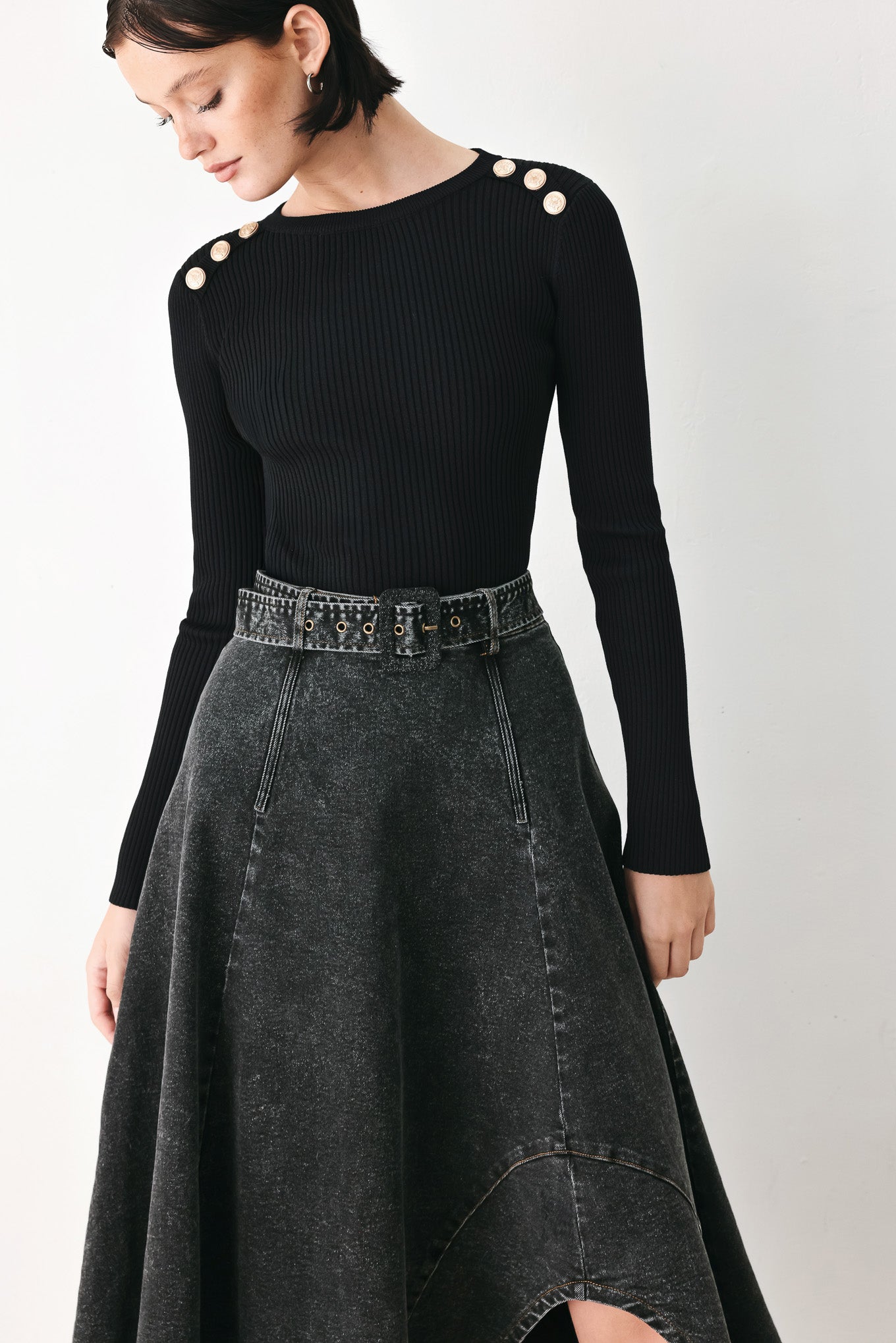 SHADOW STITCH ROMANCE DENIM MIDI SKIRT