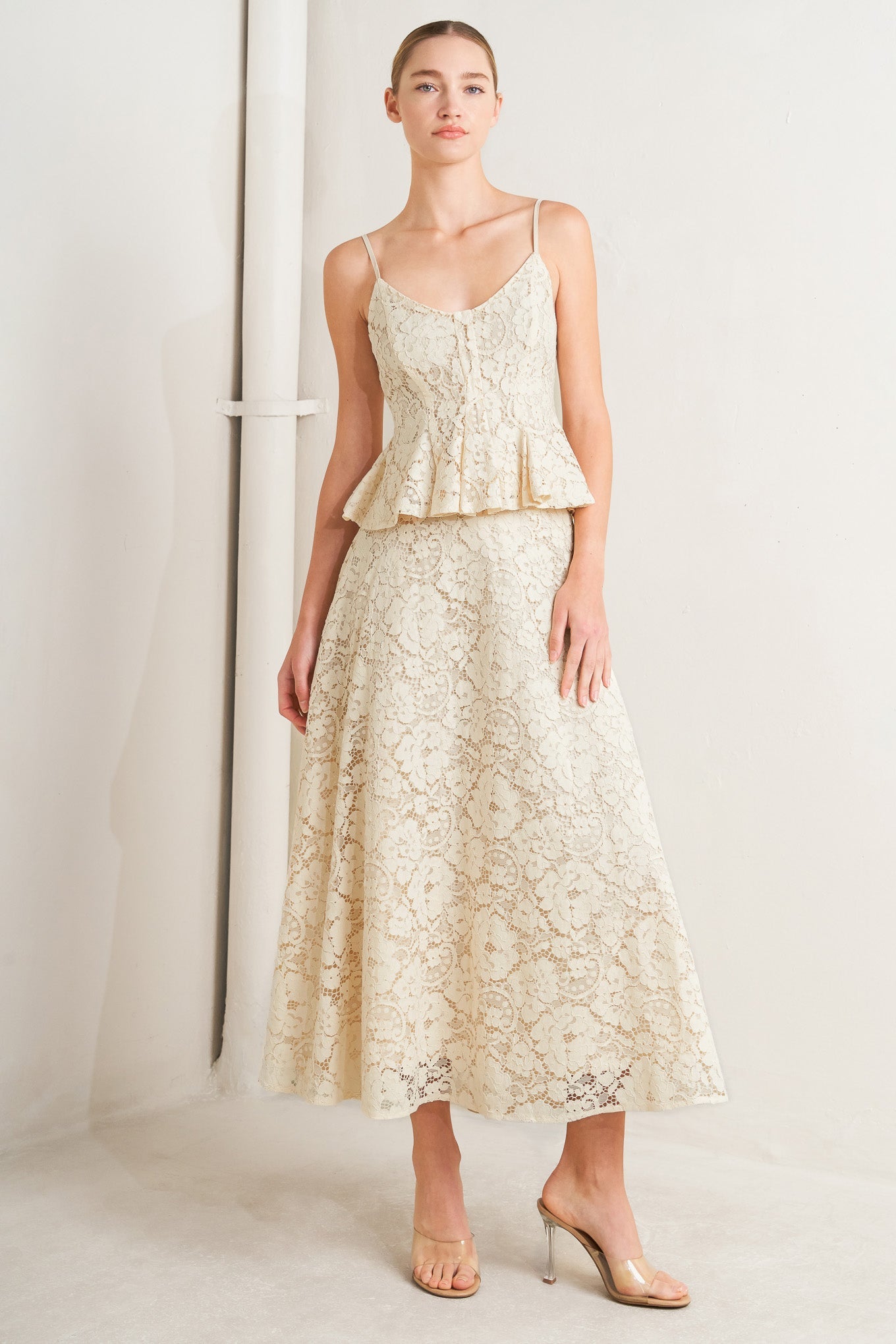 PURELY ROMANTIC WOVEN LACE MIDI SKIRT