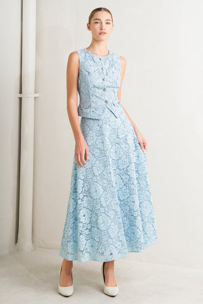 PURELY ROMANTIC WOVEN LACE MIDI SKIRT