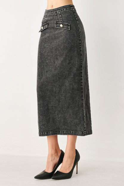 STONEWASHED DENIM MIDI PENCIL SKIRT