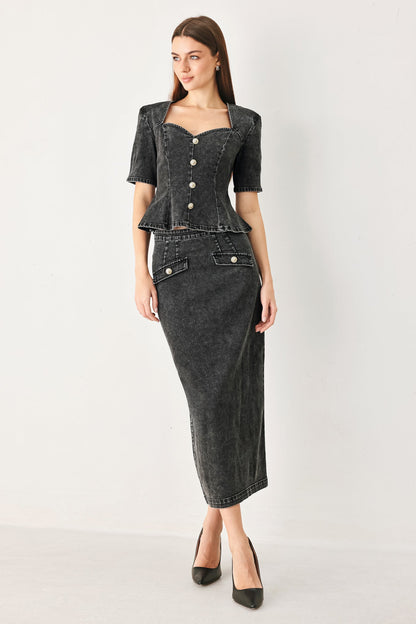 STONEWASHED DENIM MIDI PENCIL SKIRT