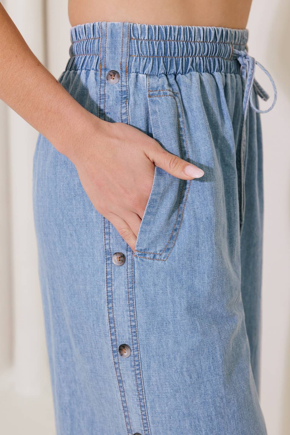 RIVERSIDE SIPS LIGHT INDIGO CHAMBRAY PANTS