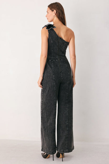 GRAPHITE PETAL EDGE DENIM JUMPSUIT