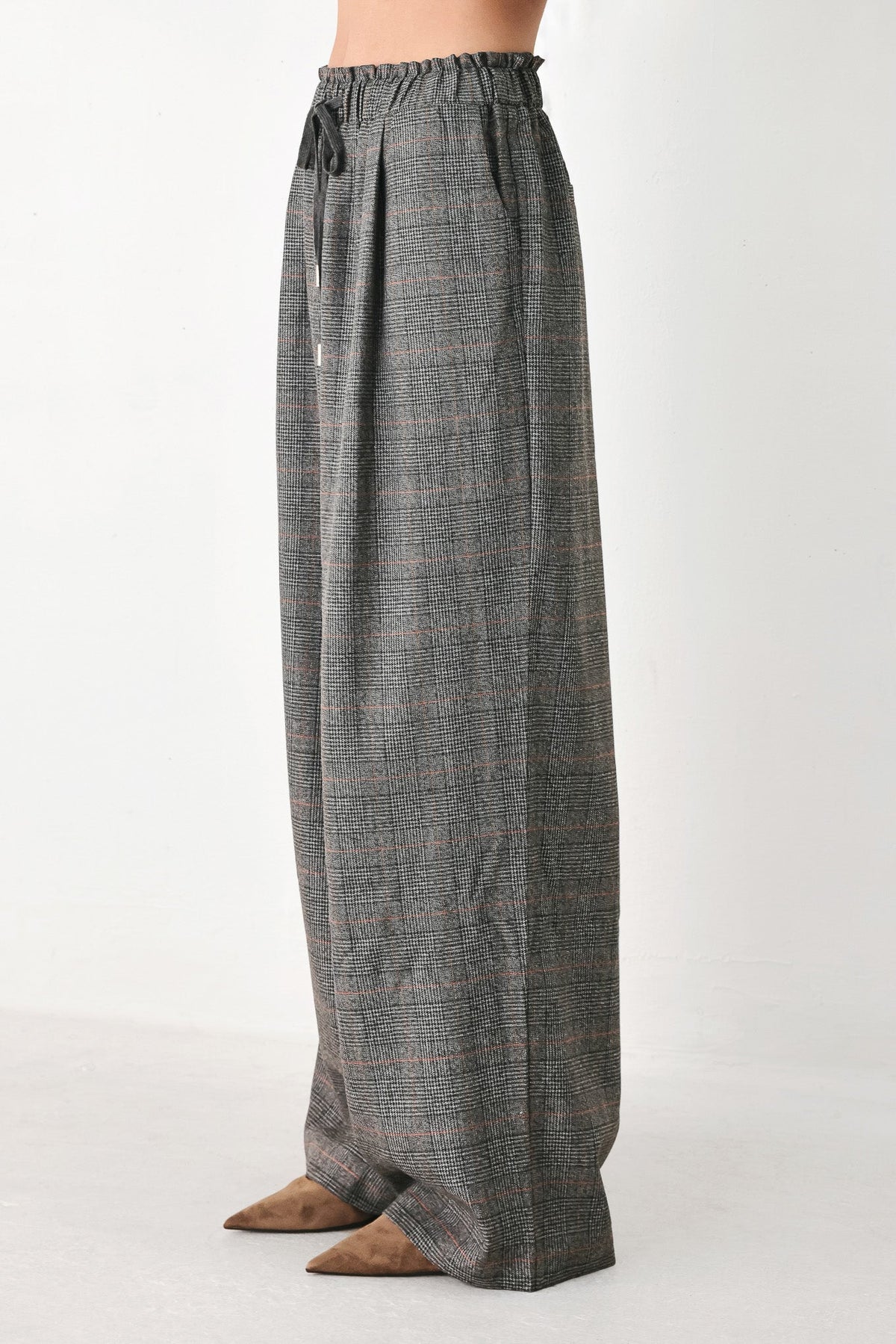 OFF THE CLOCK PLAID DRAWSTRING WIDE LEG PANTS