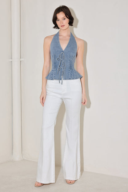 RETRO RISE HALTER DENIM TOP