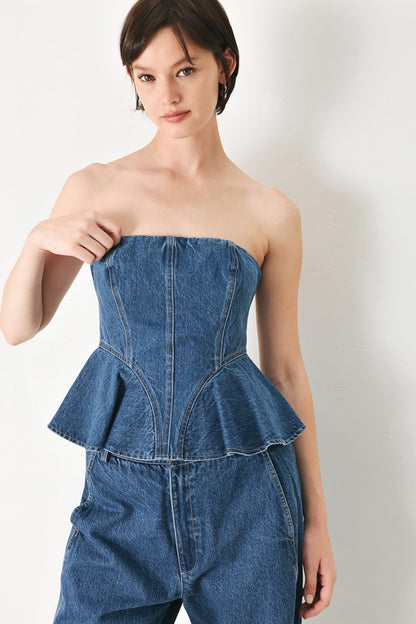 BLUE BLOSSOM BUSTIER DENIM TOP