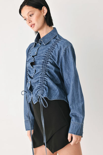 CASUAL ENCOUNTER INDIGO RUCHED DENIM BUTTON-DOWN TOP