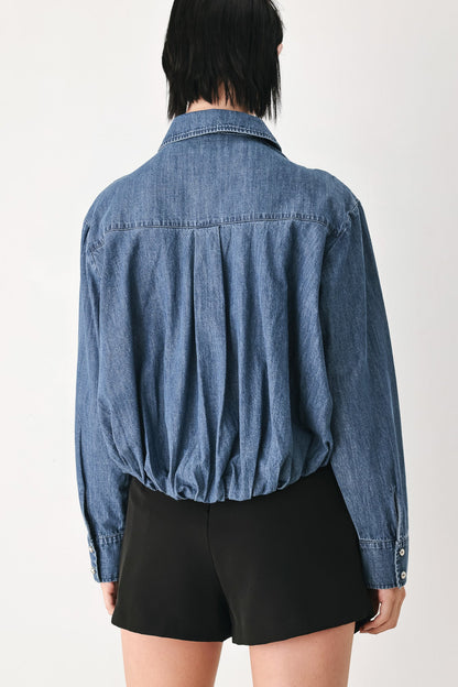 CASUAL ENCOUNTER INDIGO RUCHED DENIM BUTTON-DOWN TOP