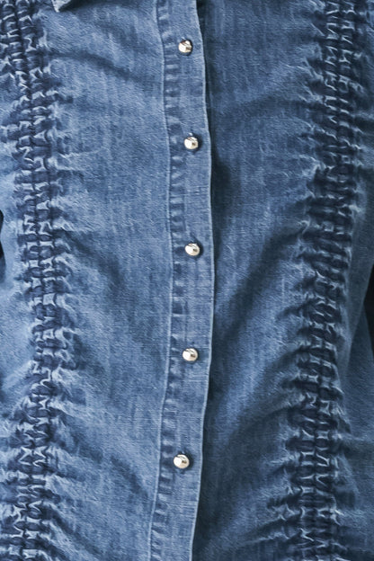 CASUAL ENCOUNTER INDIGO RUCHED DENIM BUTTON-DOWN TOP