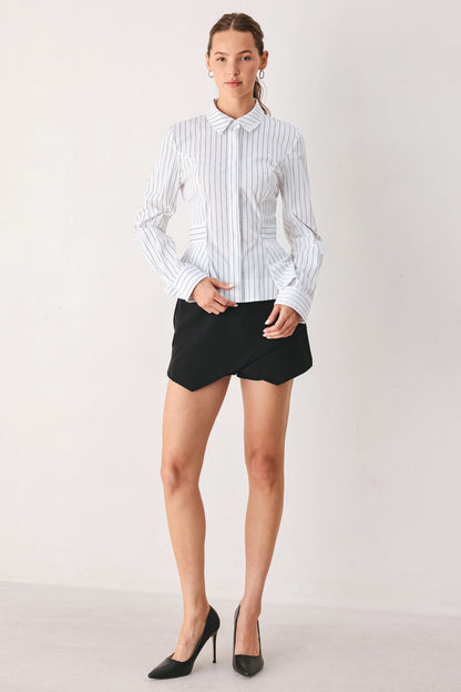 MODERNIST PINSTRIPE FLARED-WAIST WOVEN TOP