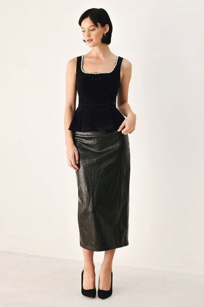 MIDNIGHT GLAM JEWELED VELVET PEPLUM TOP