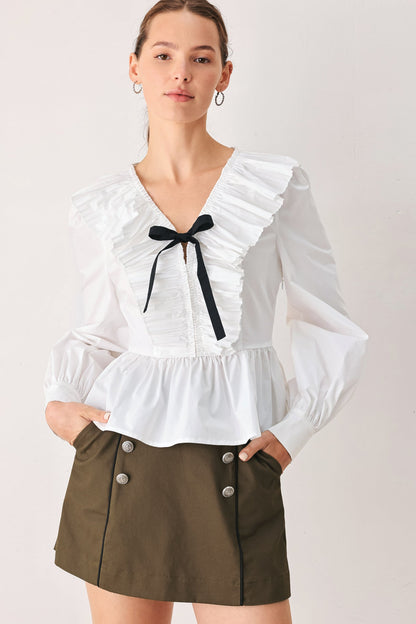AMELIE PLEATED RUFFLE V-NECK WOVEN TOP