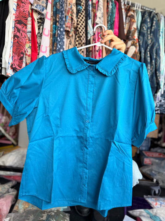 Collared Button Down Puff Short Sleeve Shirt.