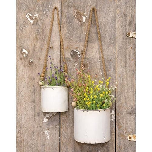 Set of 2 Shabby Chic Half Round Planters With Jute Hangers