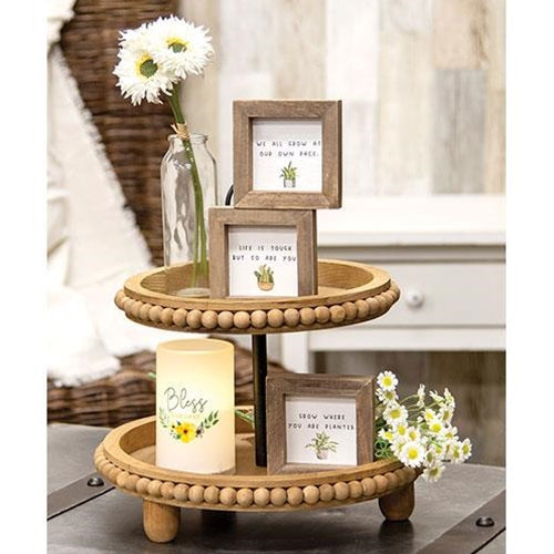 Rustic Natural Wooden Beaded Two-Tiered Tray