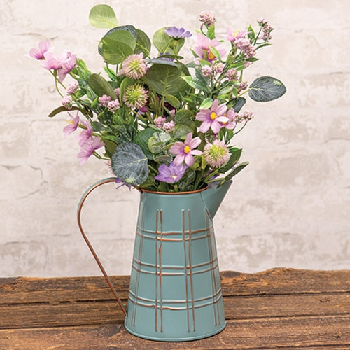 Teal Water Pitcher with Gold Plaid Pattern